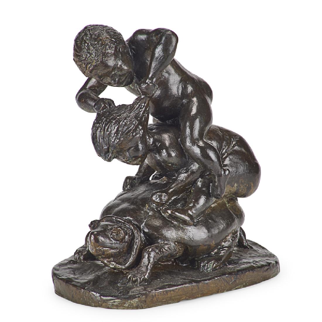 ANNA VAUGHN HYATT HUNTINGTON (American, 1876-1973): Untitled (Children Playing with a Turtle), 1961 Bronze Signed and dated "Anna H. Huntington 1961" 9 1/4" high