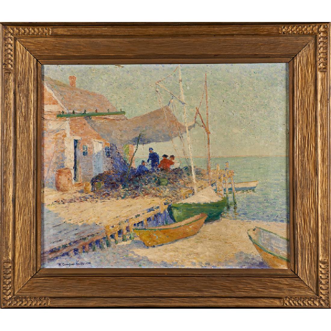HOUGHTON CRANFORD SMITH (American, 1887-1983): Mending the Nets, Provincetown, 1916 Oil on canvas (framed) Signed and dated 25" x 30" Provenance: Grace Borgenicht Gallery, New York (label to verso) Exhibition: "Founders of an Art Colony: The Begin