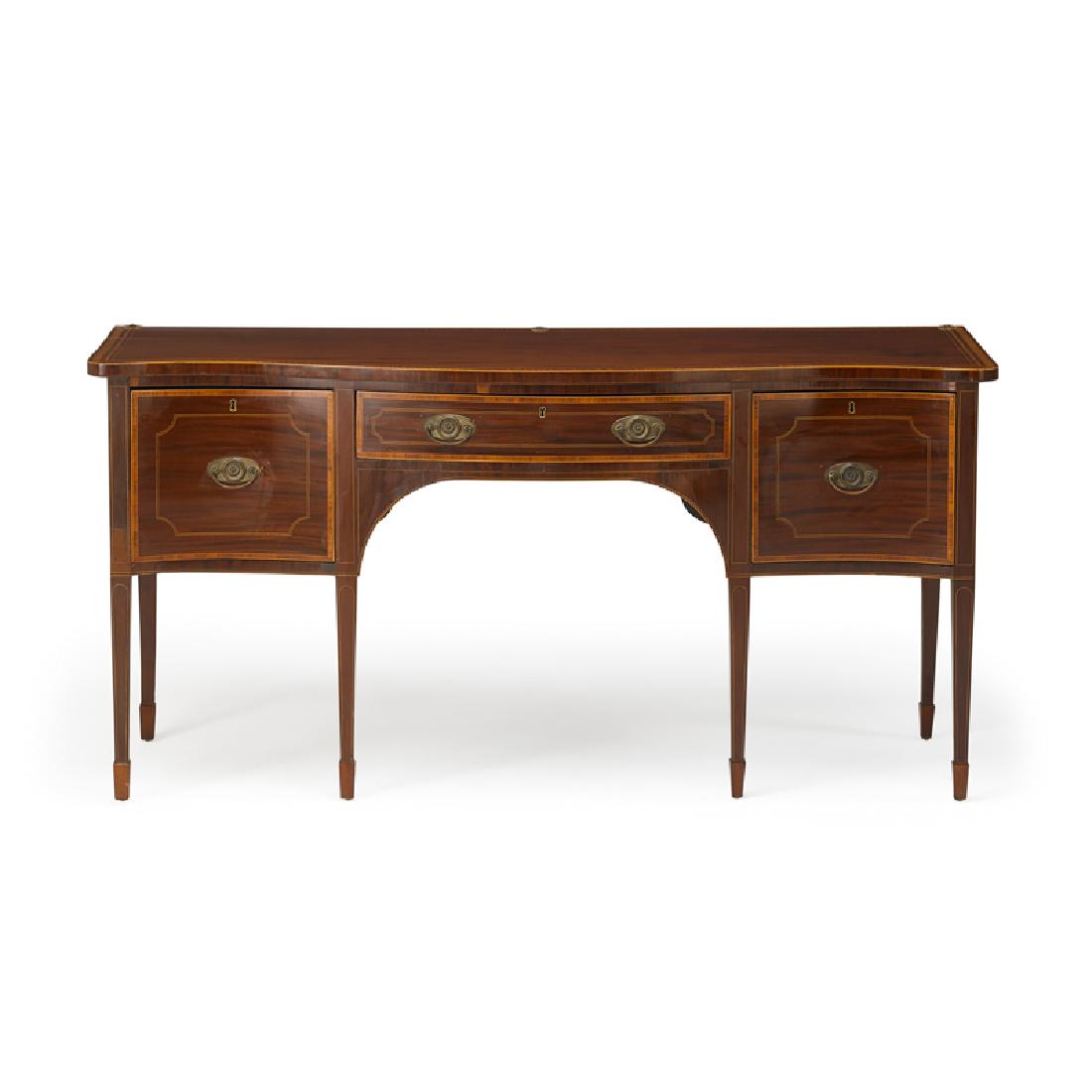 GEORGE III MAHOGANY SIDEBOARD: Serpentine outline and satinwood banded, right drawer fitted for bottles, England, late 18th c. 35 1/2" x 72" x 26 1/4"