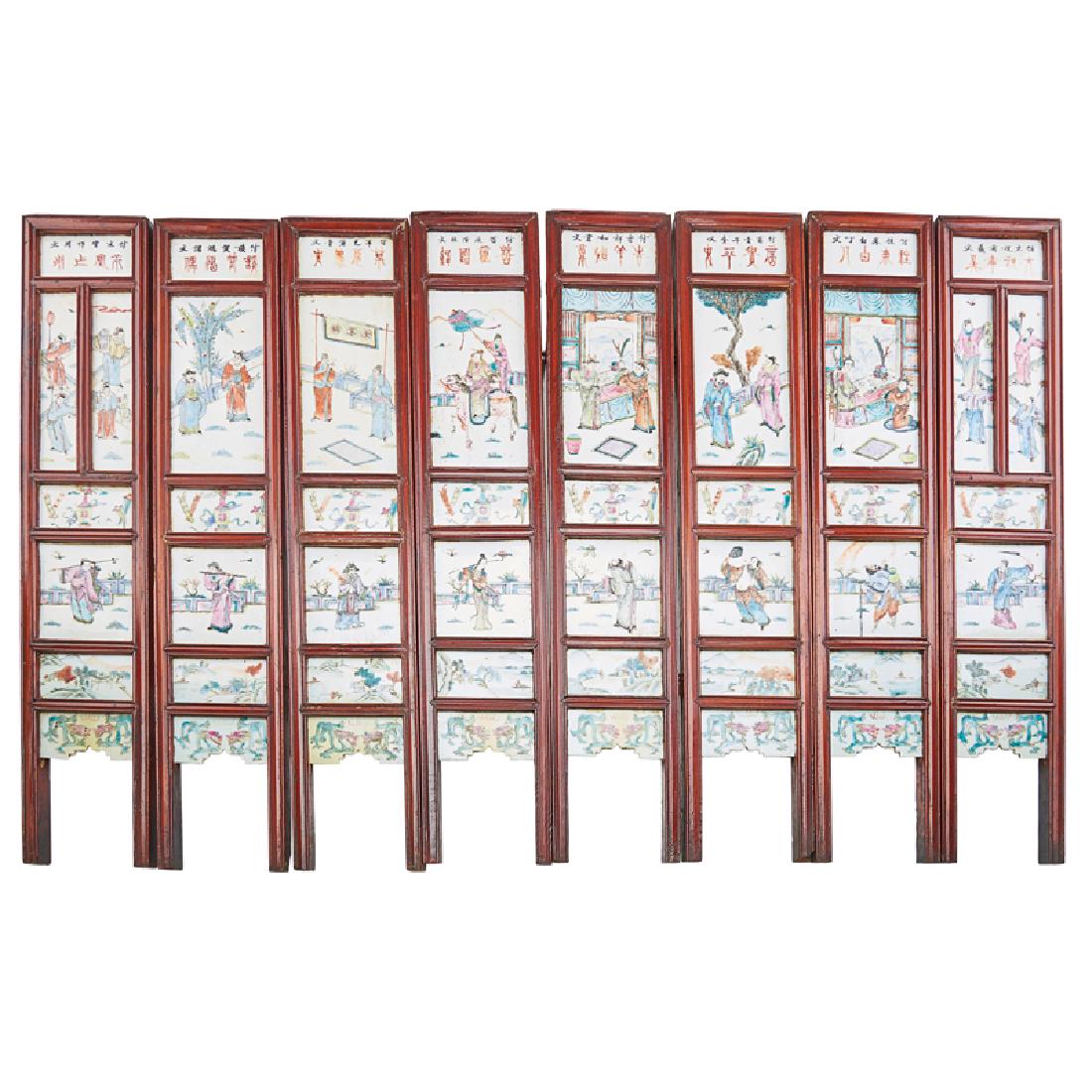 CHINESE PORCELAIN INSET EIGHT-PANEL FOLDING TABLE: Each panel with Famille Rose decorated tiles in hardwood frame, China, mid 19th c. Each panel: 27" x 5 1/4" Provenance: H. Medill Sarkisian Oriental Rugs and Fine Arts, Denver, CO, 1985 Private collec