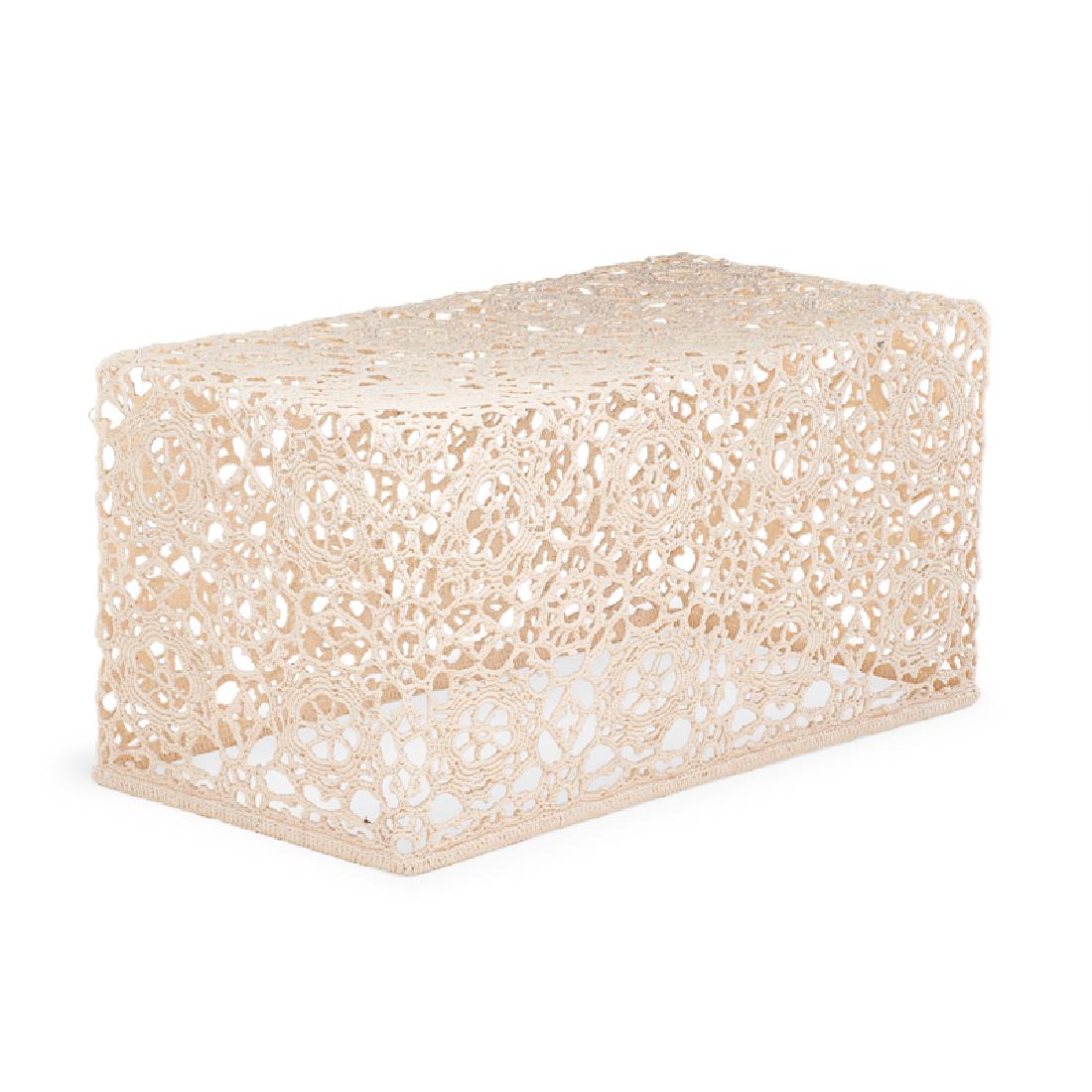 MARCEL WANDERS CROCHET TABLE: Handmade crochet, epoxy resin, The Netherlands, des. 2001 Manufacturer label 12" x 24" x 12"