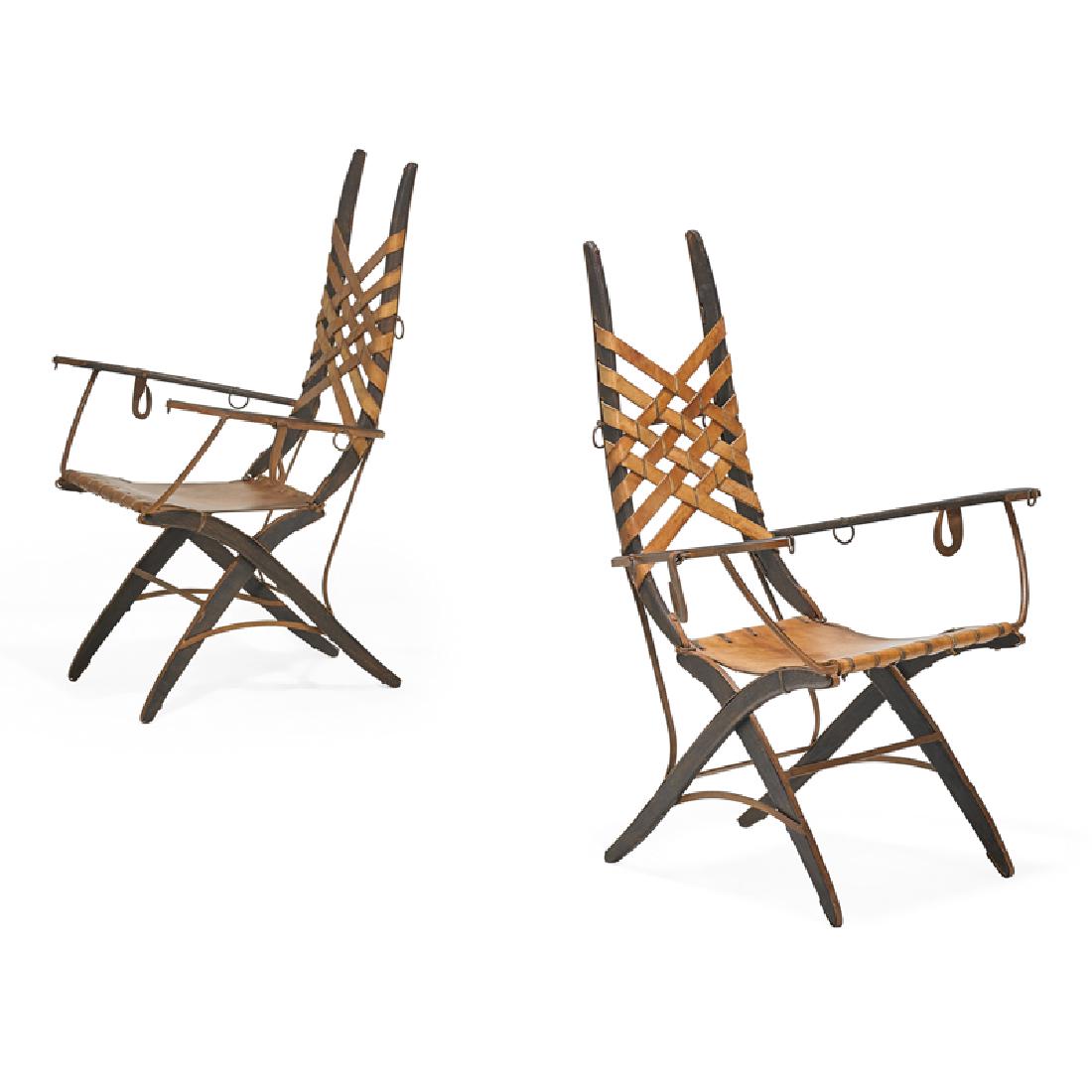 ALBERTO MARCONETTI PAIR OF ARMCHAIRS: Enameled wrought iron, wenge, saddle leather, Italy, mid 20th c. Unmarked 40" x 28" x 26"