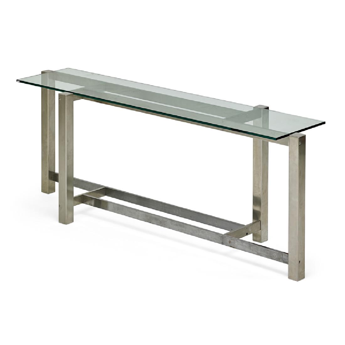 FORMA NOVA CONSOLE TABLE: Matte chromed steel, glass, Italy, 1970s Unmarked 28 1/2" x 75 1/2" x 21"