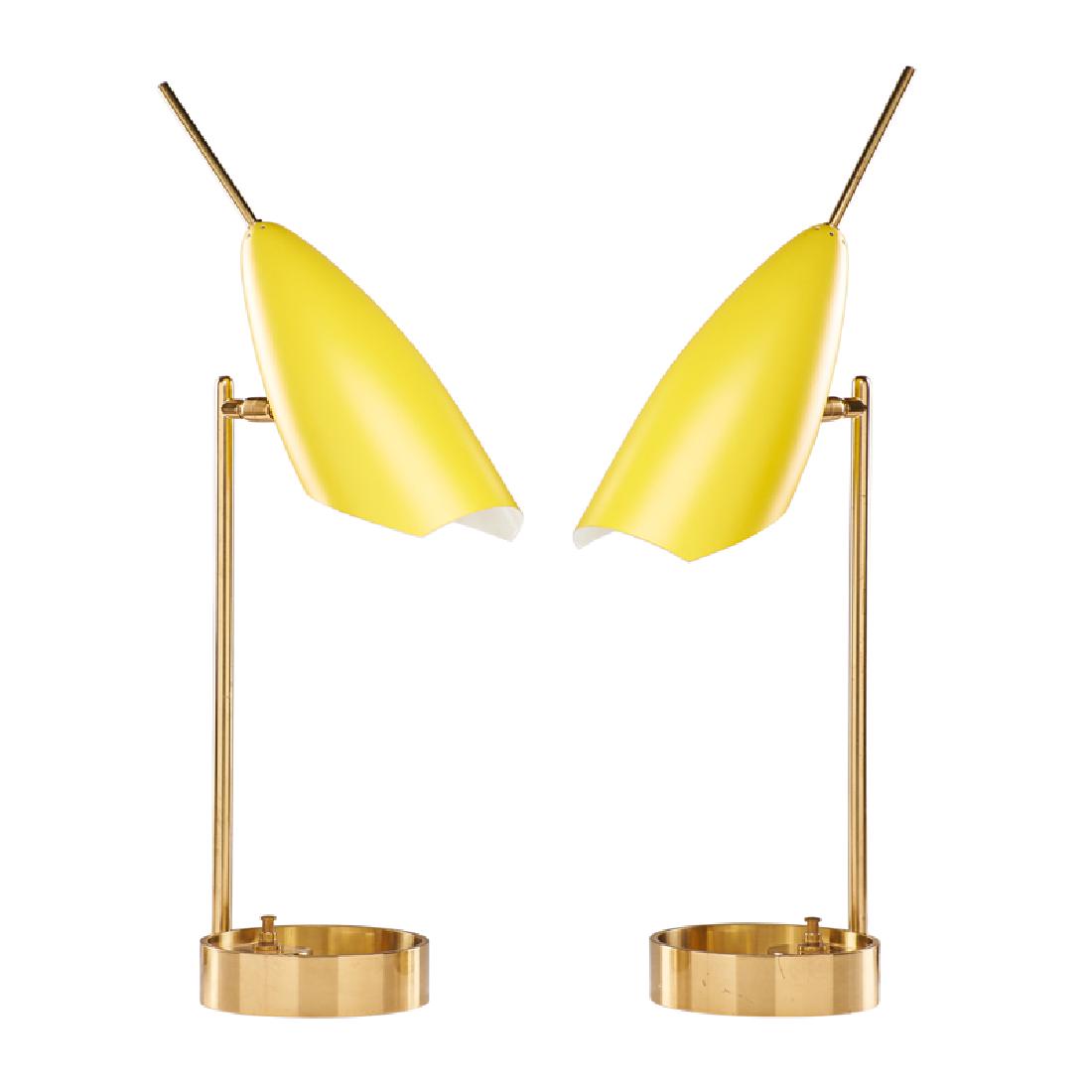 ROBERTO RIDA PAIR OF ADJUSTABLE TABLE LAMPS: Brass, enameled metal, Italy, mid 20th c. One stamped "MADE IN ITALY" 24" x 6 1/4" x 6" at base