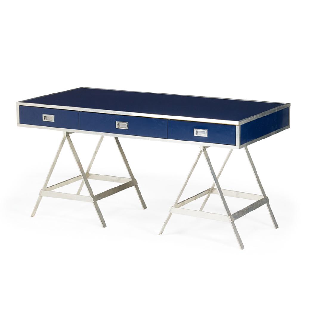 ALESSANDRO ALBRIZZI FOR LIZ O'BRIEN DESK: Original blue laminate, polished aluminum, New York, early 21st c. Unmarked 30" x 60" x 30"