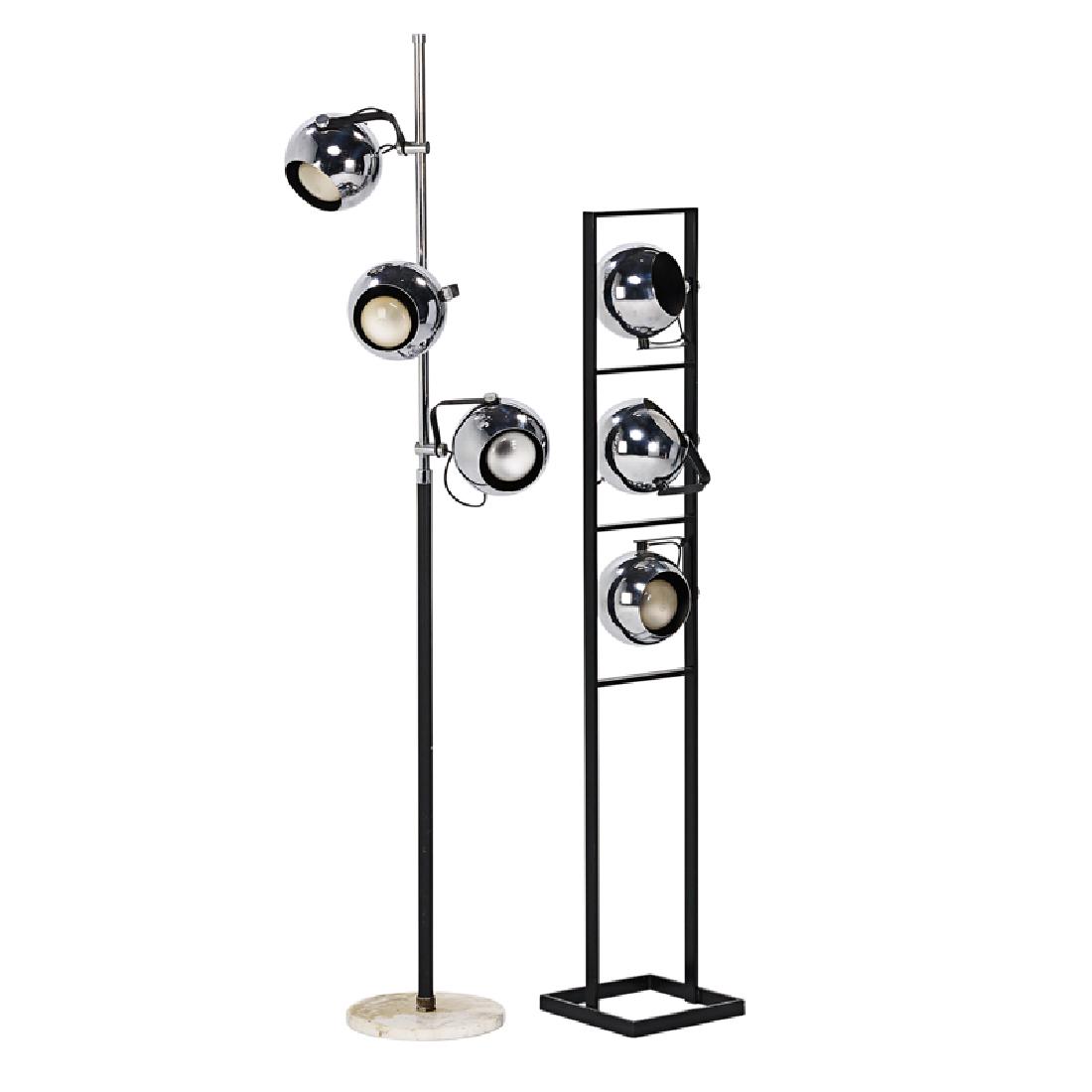 ADJUSTABLE FLOOR LAMPS ARREDOLUCE: Two: Chromed and enameled steel, marble, Italy, 20th c. Both stamped "Made in Italy" 60" x 11" sq. base and 73" x 12" dia base Provenance: Estate of Marshall Cherner (Lightolier V.P.)