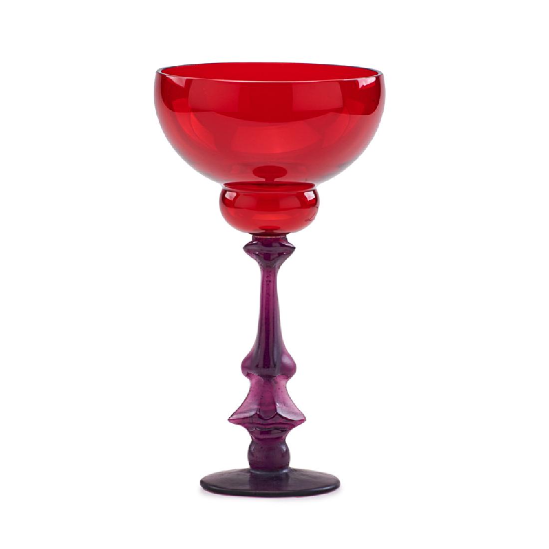 SALVADOR DALI FOR DAUM GLASS CHALICE: Blown and frosted chalice with facial feature stem, France, ca. 1980s Etched signature "DAUM FRANCE" to base and etched "DALI" to bowl of chalice 8" x 4 1/4" dia.