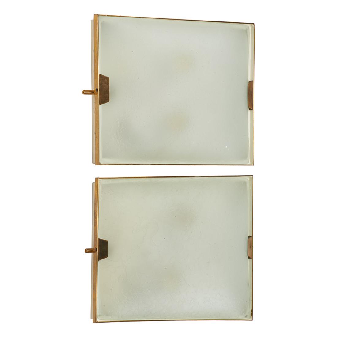 STILNOVO PAIR OF GLASS SCONCES: Etched glass and brass, Italy, ca. 1950 Manufacturer labels to interior 9 1/2" x 7 1/2" x 3"