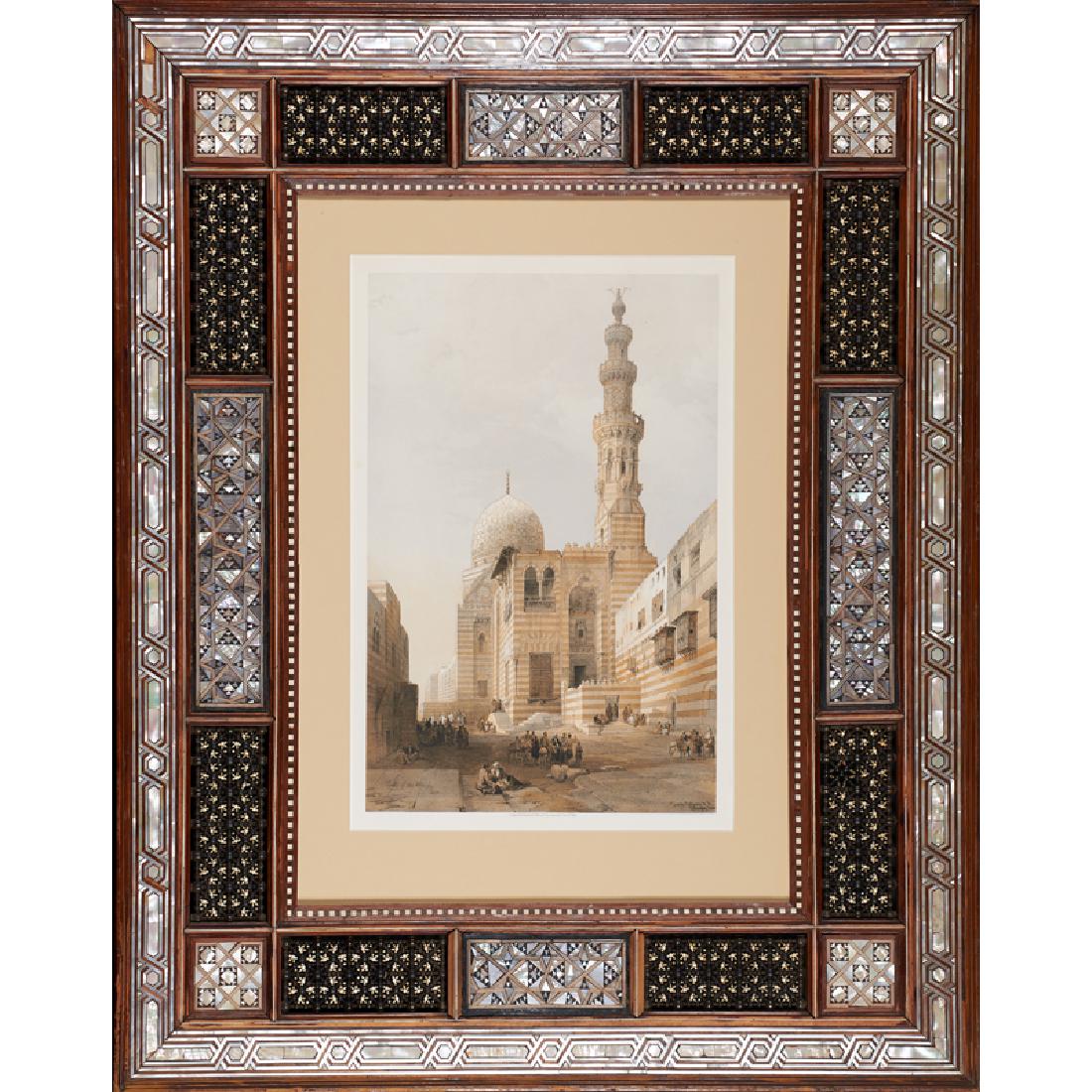 DAVID ROBERTS (Scottish, 1796-1864): Tombs of the Khalifs, Cairo Colored lithograph (framed in Egyptian mashrabiyah panel with wood, bone and mother-of-pearl inlay) 21 1/4" x 14 1/4" (sight) Publisher: P.G. Moon, London, December 1, 1848