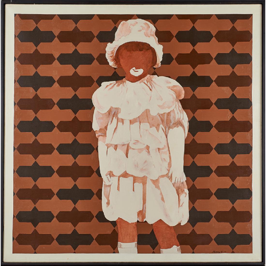 ROBERT HARVEY (American, 1924-2004): Nora's Party Dress, 1967 Oil on canvas (framed) Signed and dated 36" x 36" Provenance: Gump's Gallery, San Francisco (detached label to verso) David Stuart Galleries, Los Angeles (label to verso)