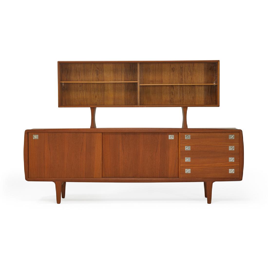 DANISH SLIDING DOOR CABINET WITH HUTCH: Teak, matte stainless steel, glass Unmarked Lower cabinet: 32" x 93" x 20", Hutch: 30 1/2" x 71" x 12 1/2"