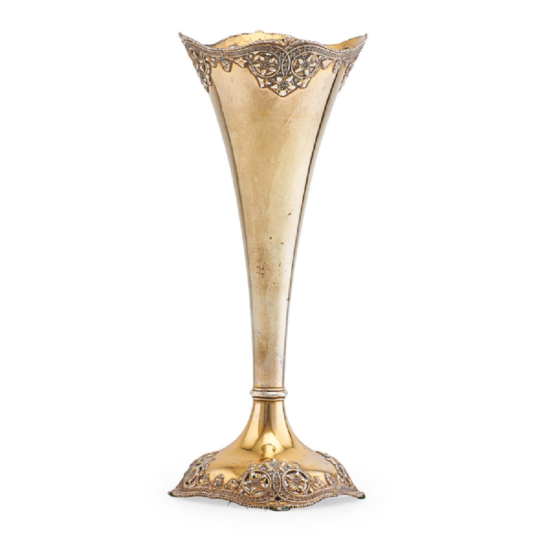 TIFFANY & CO. STERLING SILVER GILT VASE: Pierced decoration on lip and foot, USA,1909-47 Marked "17465/8176" 10", 13 ozt
