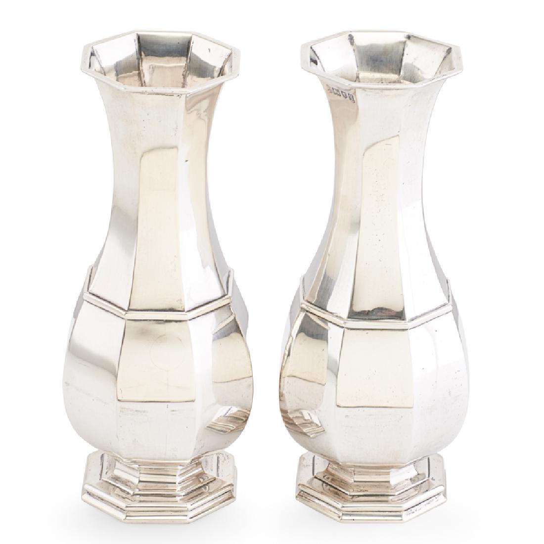 PAIR OF ENGLISH STERLING SILVER VASES: By William Comyns & Sons, London, 1912 Marked 9", 32.7 ozt
