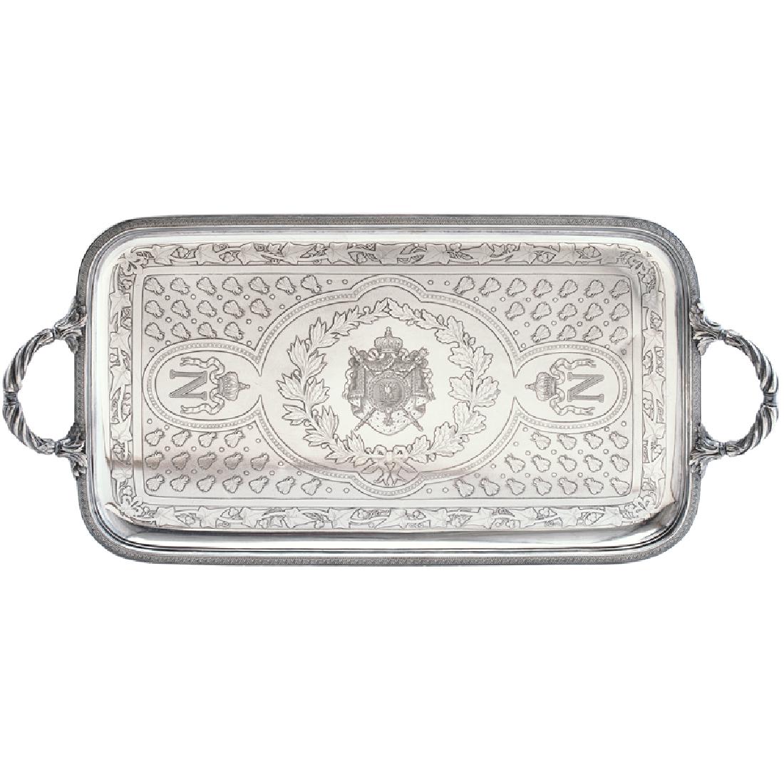 CHRISTOFLE SILVER PLATED TRAY: Decorated with the insignia of Napoleon III and the Napoleonic Empire along with bees and ivy vines, France Marked "328357" 28 3/4" x 14" Note: These trays, dating to 1859 or 1861, were ordered from C