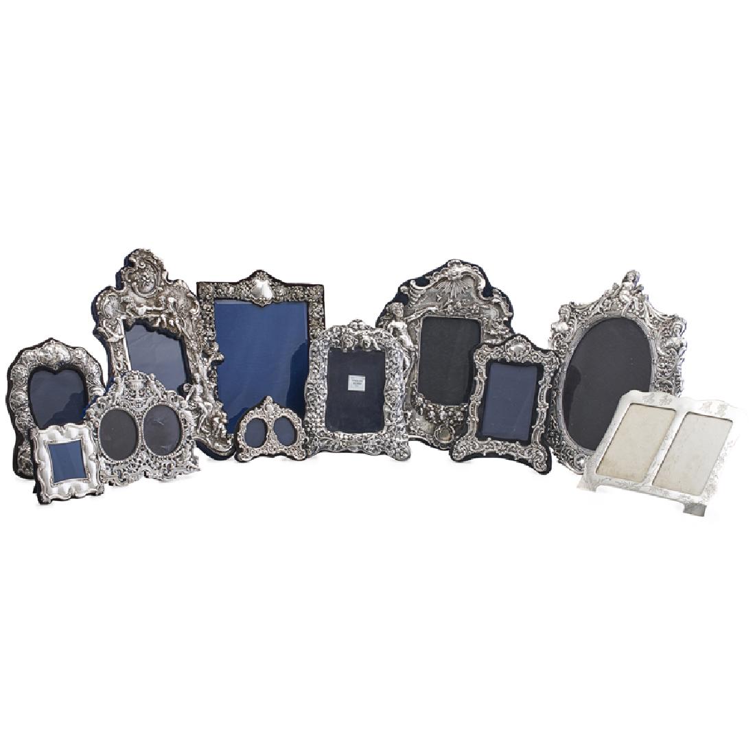 ASSORTED SILVER PICTURE FRAMES: Eleven: Victorian English silver frame by Henry Matthews, Birmingham 1898, four varied English framed (1987-94), one with allegorical scene marked RC 925, a single and double frame with figures marked