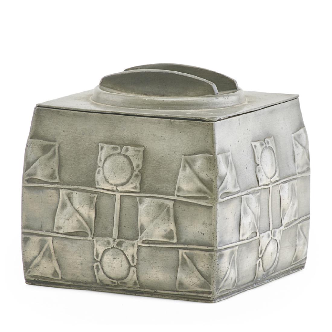 ARCHIBALD KNOX, LIBERTY & CO. TURDIC BISCUIT BOX: Art Nouveau design, model #0194, England, early 20th c. Marked 4 5/8" x 4 5/8" Provenance: Collection of Jacqueline Fowler, Connecticut