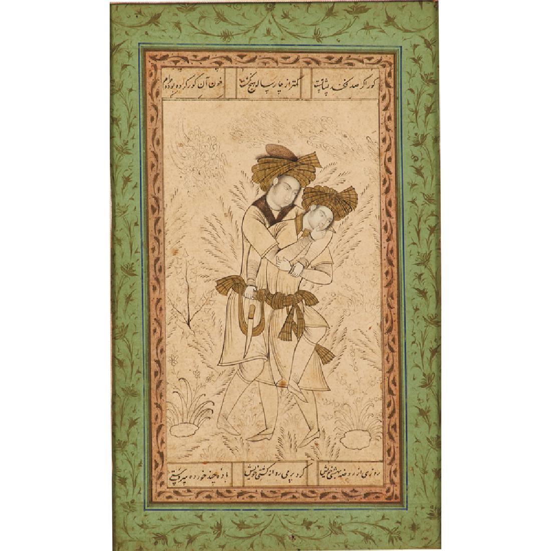 INDIAN ILLUSTRATION: Two men fighting, 18th c. Gouache and ink with gilt details on paper (framed) 9 1/4" x 5 3/4" (sight) Provenance: Collection of Hellen & Joe Darion, New York