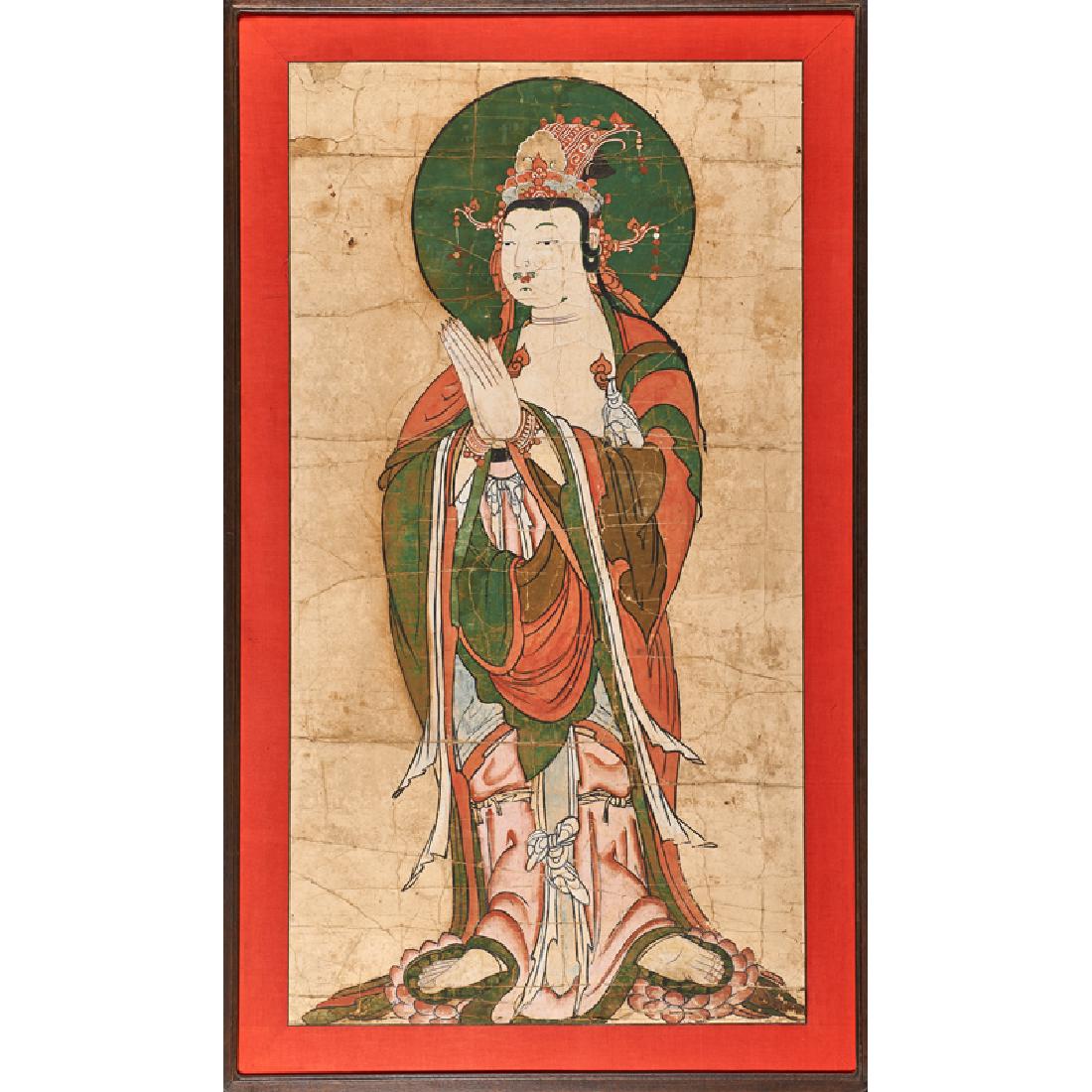 KOREAN TEMPLE PAINTINGS: Four: Depicting Bodhisattvas Gouache on paper (all framed separately) Each: 44 3/4" x 23 3/4" (sight) Provenance: Collection of Hellen & Joe Darion, New York