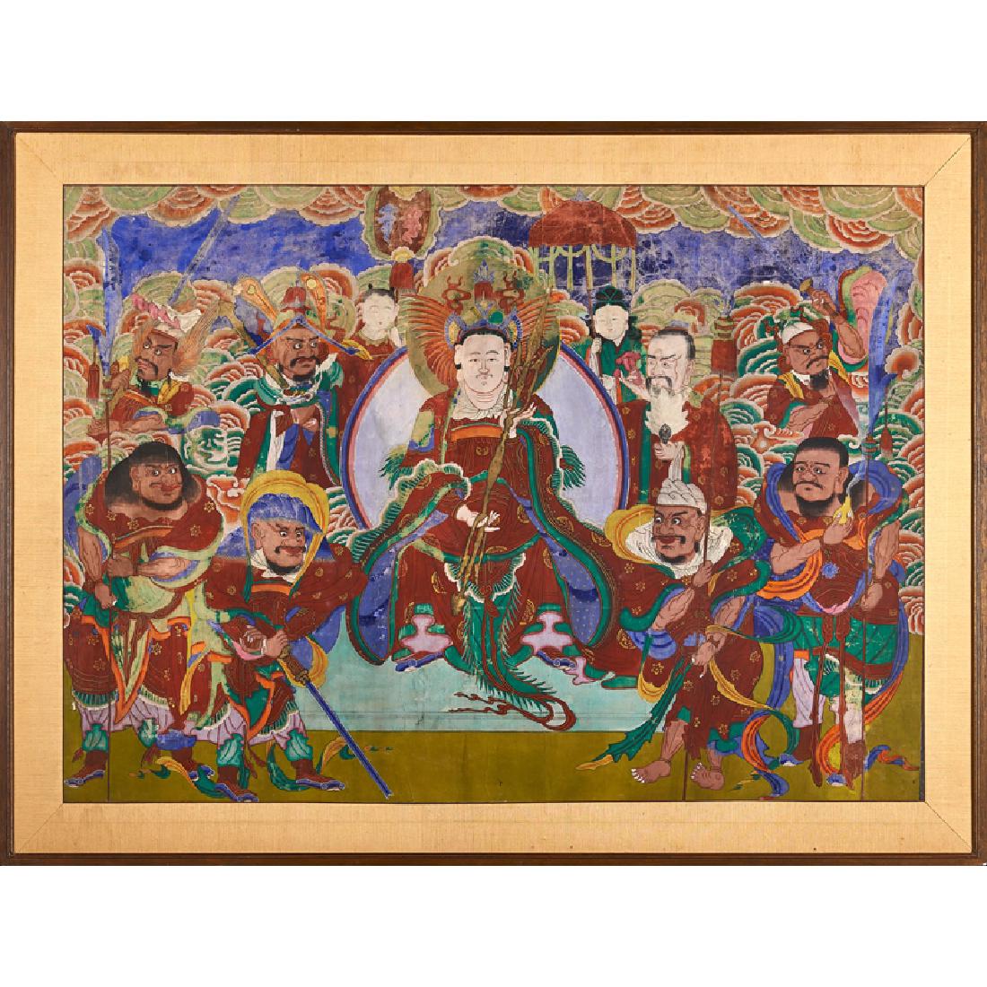 19TH C. KOREAN SCHOOL PAINTING: Deity image Watercolor and gouache on silk (framed) 35 1/4" x 49 1/4" (sight) Provenance: Collection of Hellen & Joe Darion, New York