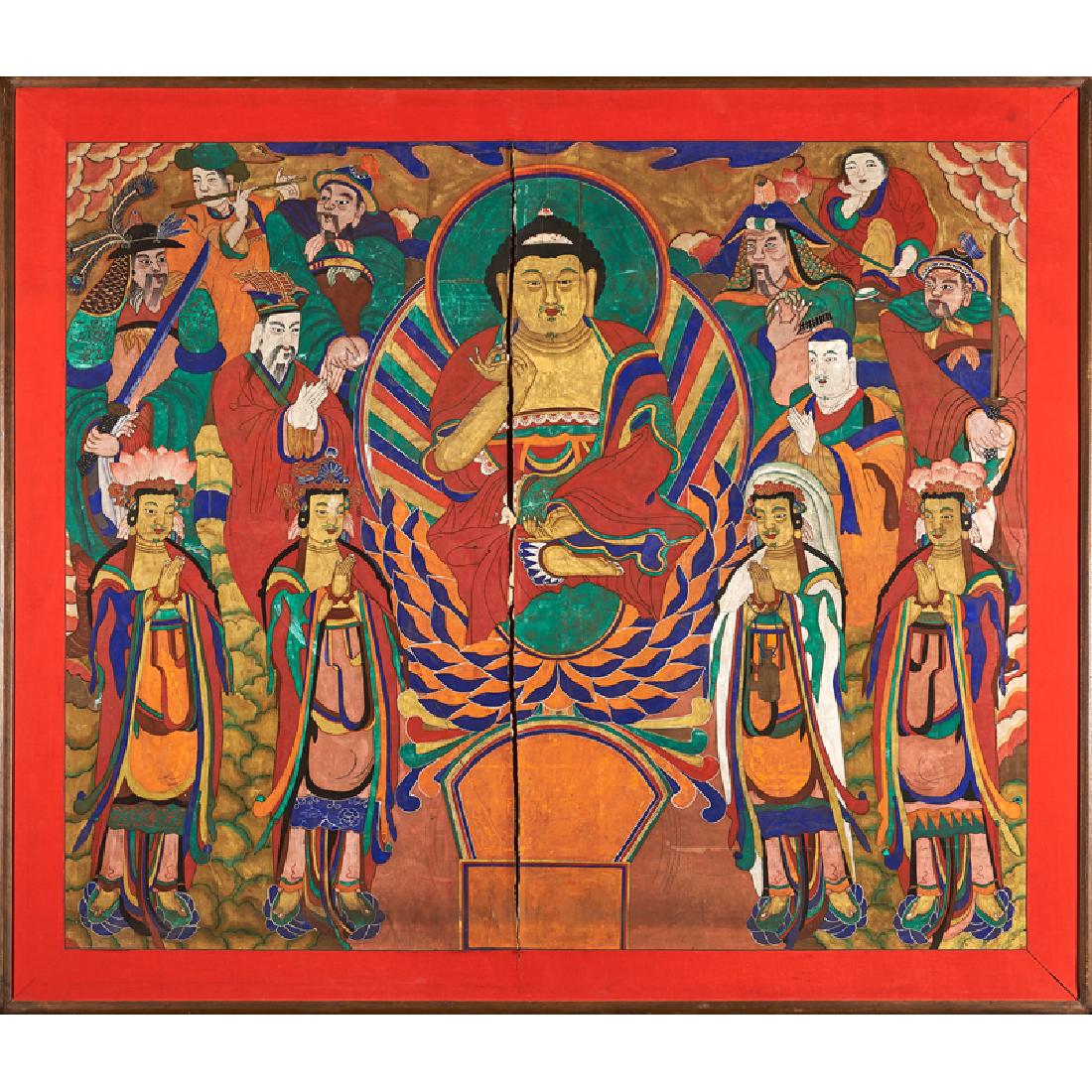 19TH C. KOREAN BUDDHIST PAINTING: Shakyamuni Buddha Watercolor and gouache on silk (framed) 45 1/4" x 52" (sight) Provenance: Collection of Hellen & Joe Darion, New York