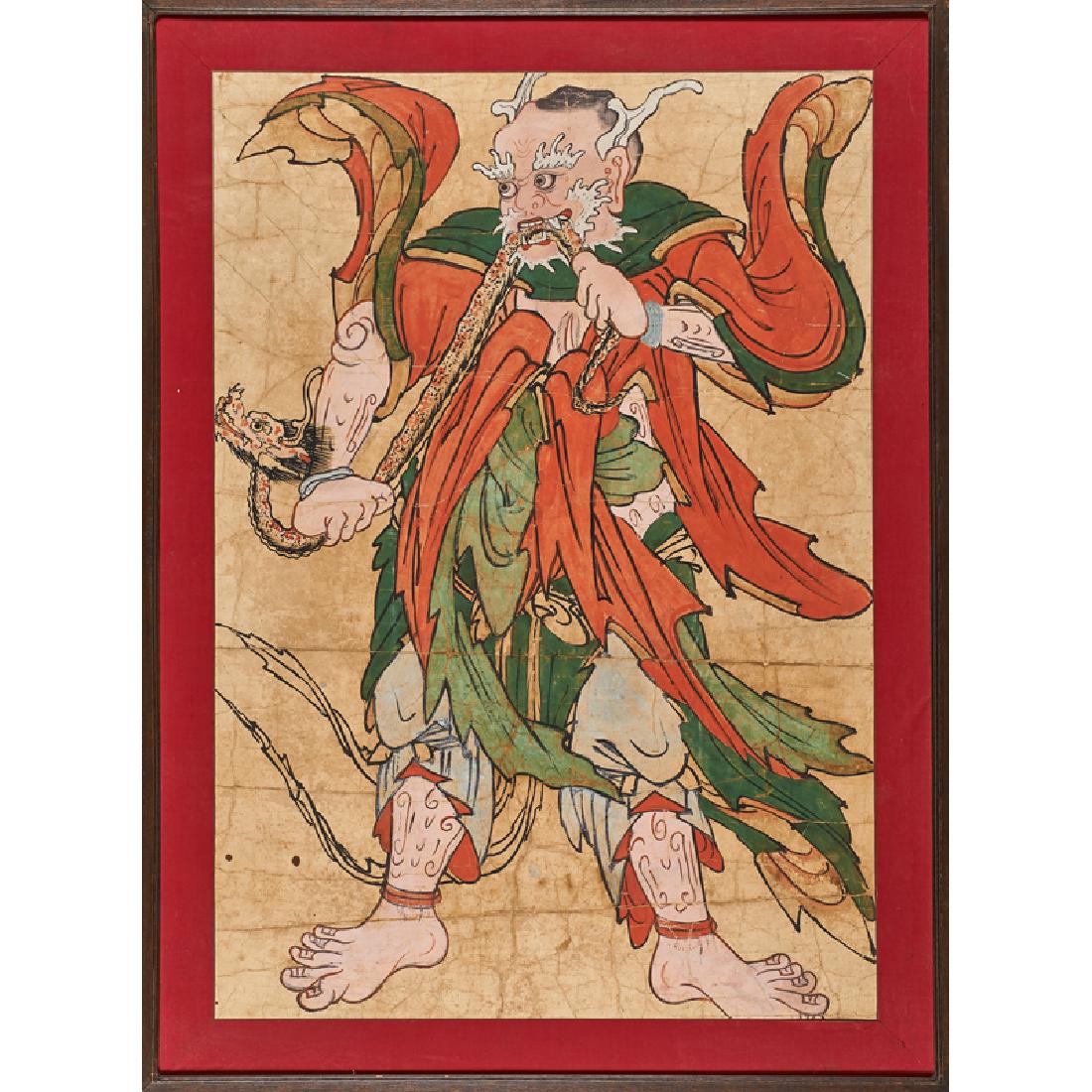 KOREAN TEMPLE PAINTINGS: Seven: Each depicting warriors Gouache on paper (each framed) Each: 39 1/4" x 27 1/4" (sight) Provenance: Collection of Hellen & Joe Darion, New York