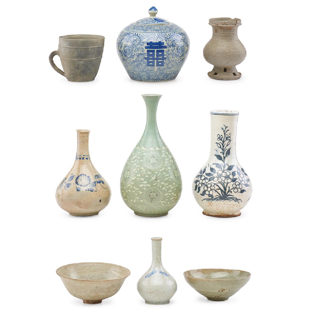 GROUP OF KOREAN & CHINESE WARES: Ten: Four vases, three bowls, one cup with handle, one ginger jar, one hardstone vessel with metal lid, Korea/China, 19th/20th c. Tallest vase: 13" x 6 1/2" dia.