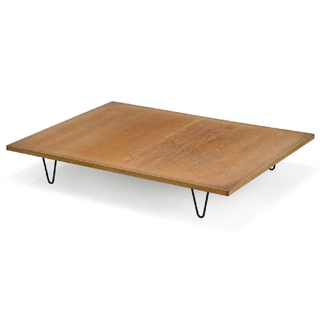MID-CENTURY MODERN PLATFORM BED: Enameled iron, bleached walnut, birch plywood, USA, 20th c. 12" x 75" x 54"