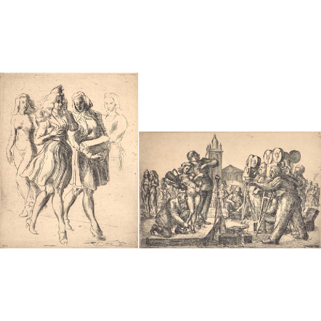Reginald Marsh (American, 1898-1954): Two works: Two Girls Walking to the Right, 1943 Etching (framed) Numbered 26/100 9 3/4" x 7 3/4" (plate) Publisher: Whitney Museum, 1969 Modern Venus, 1939 Etching (framed) Numbered 25/100 7 5/8" x 11