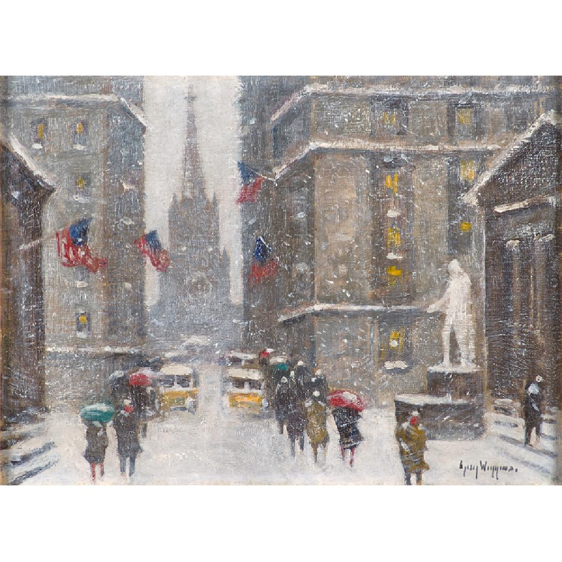 Guy Carleton Wiggins (American, 1883-1962): Wall Street in Winter Oil on board (framed) Signed and titled 11 3/4" x 15 7/8" Provenance: Sotheby's New York, June, 2, 1983, lot 195 Private Collection, New Jersey Note: This work is accompanied by