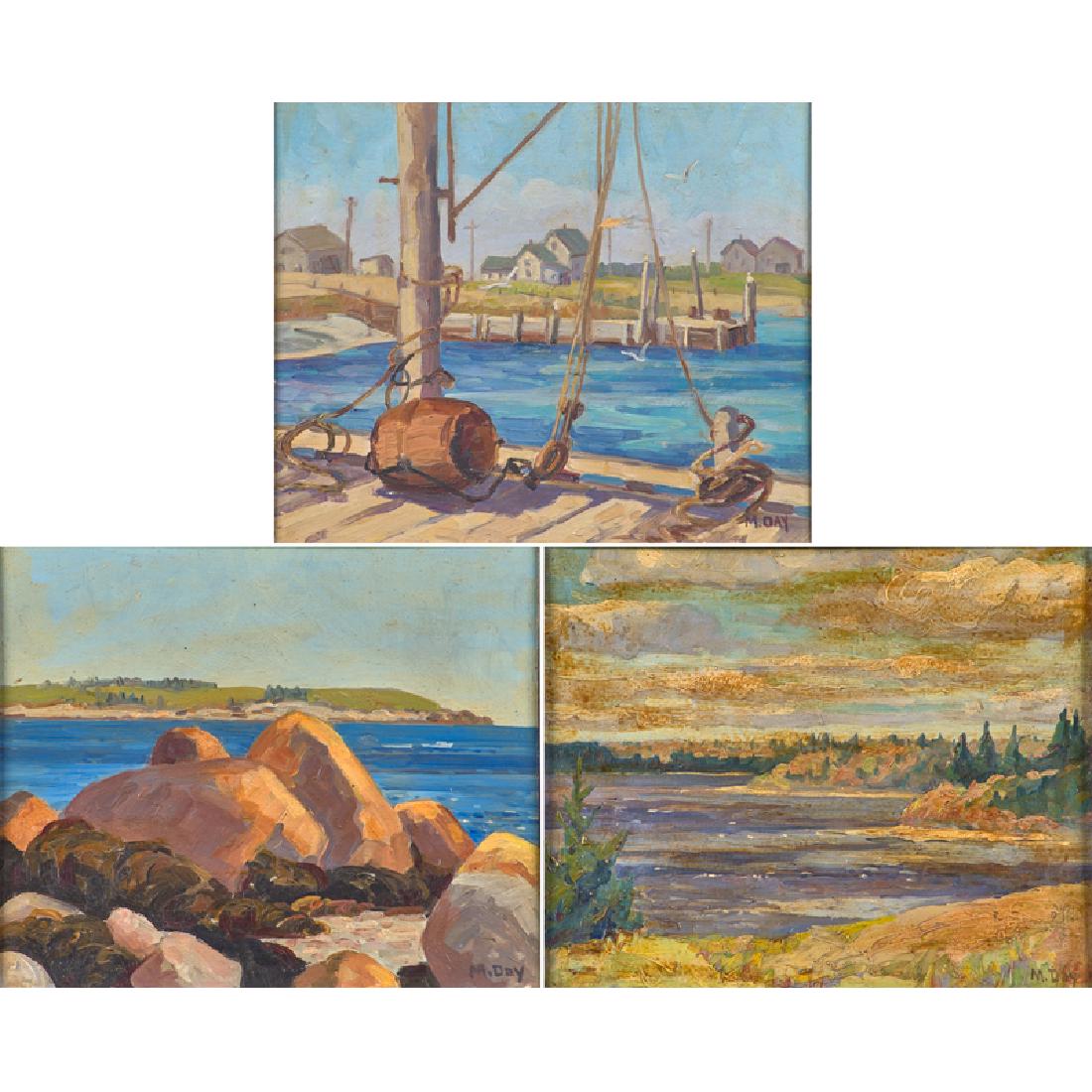 Mabel Day (American, 1884-1959): Untitled (Waterfront Scenes) Three oils on board (all framed separately) Each signed 9 3/4" x 11 3/4" (sight, each) Provenance: Private Collection, Pennsylvania