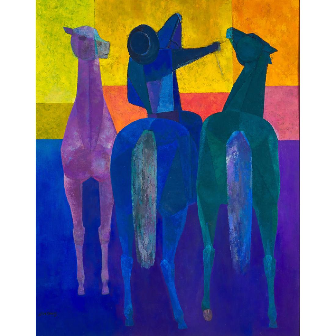 Lew Davis (American, 1910-1979): The Observer, 1974 Oil on panel (framed) Signed, titled and dated 48" x 38" Provenance: Yares Gallery, Arizona (label on verso) Private Collection, Florida