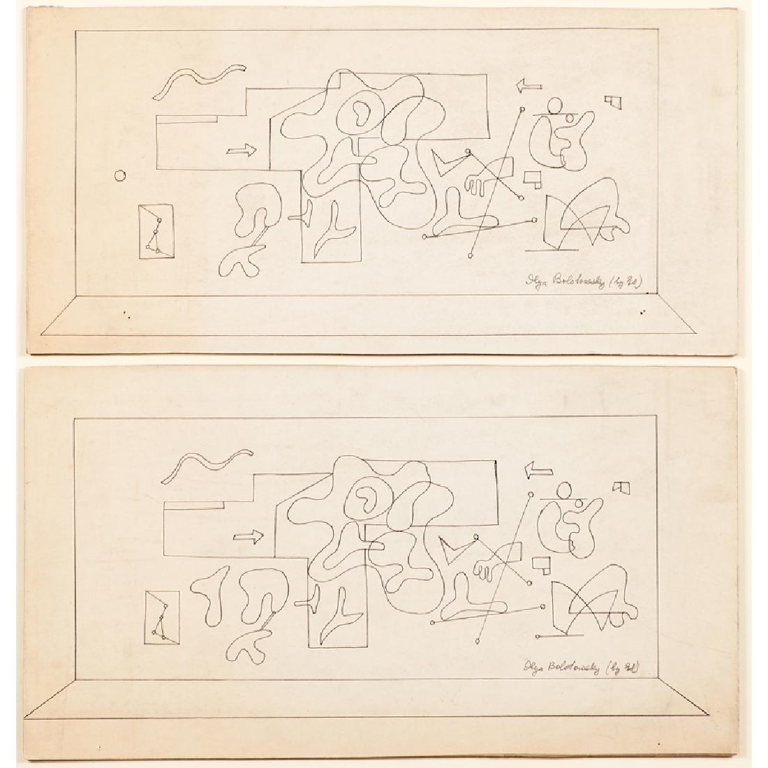 Ilya Bolotowsky (American/Russian, 1907-1981): Untitled, 1937 and Mural Study, 1937 Two ink drawings on board (framed together) Each signed and initialed by the wife of the artist (Esphyr Slobodkina) Untitled: 6 1/2" x 13 1/2" (sheet), Mural Study