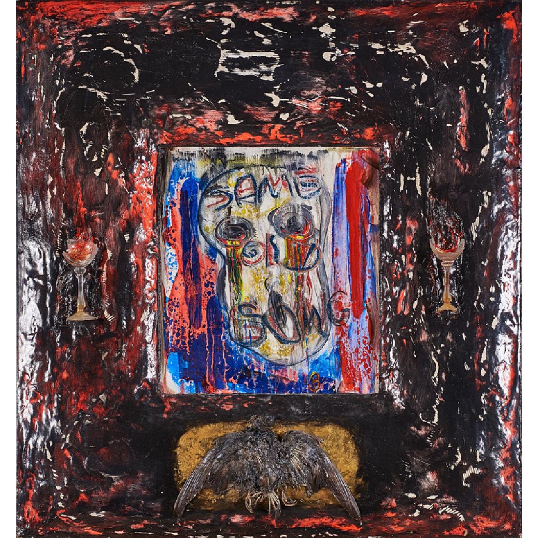 Bert Long (American, 1940-2013): Same Old Song (Homage to Basquiat), 1988 Mixed media with bird 40 1/2" x 42" x 3 1/2" Exhibition: Forerunners and Newcomers: Houston's Leading African American Artists, University of Houston-Clear Lak