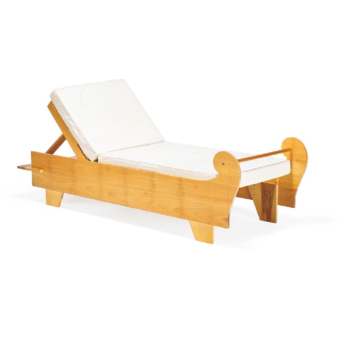 Richard Tuttle (American, b. 1941): Untitled (Etruscan Chaise), 1998-2000 Poplar, polyester foam and cotton From an intended edition of 6, only 2 were realized 94" x 33" x 27" Fabricators: Tim Wells (wood) Camille Casaret (cushions) Lit