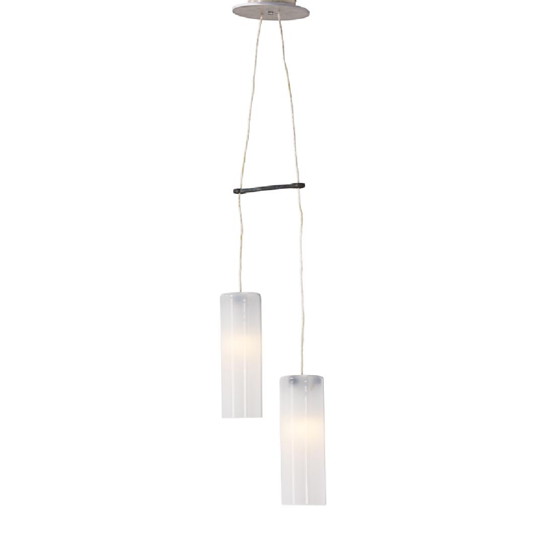 Richard Tuttle (American, b. 1941): Two-light chandelier, 1991-98 Milk glass, iron, aluminum disc, electrical cord and parts Cylinders: 12" x 4" diameter Fabricators: S+P Machine (1-8), then Stephen Schermeyer (aluminum plate), James Ga