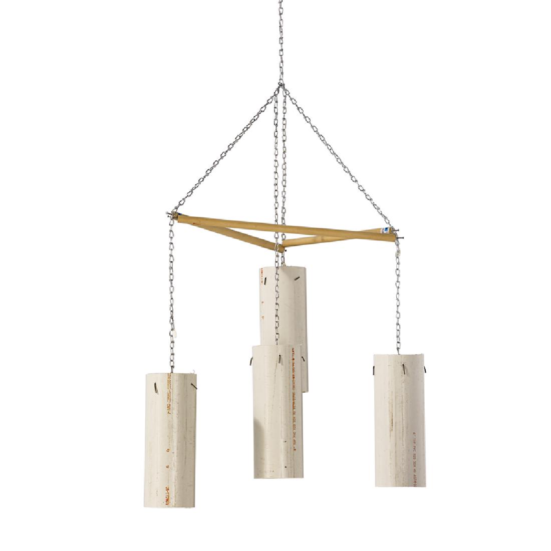 Richard Tuttle (American, b. 1941): Four-light chandelier (Prototype), 1991 Wood, PVC and metal chain Cylinders: 12" x 4 1/2" diameter Provenance: A/D, New York