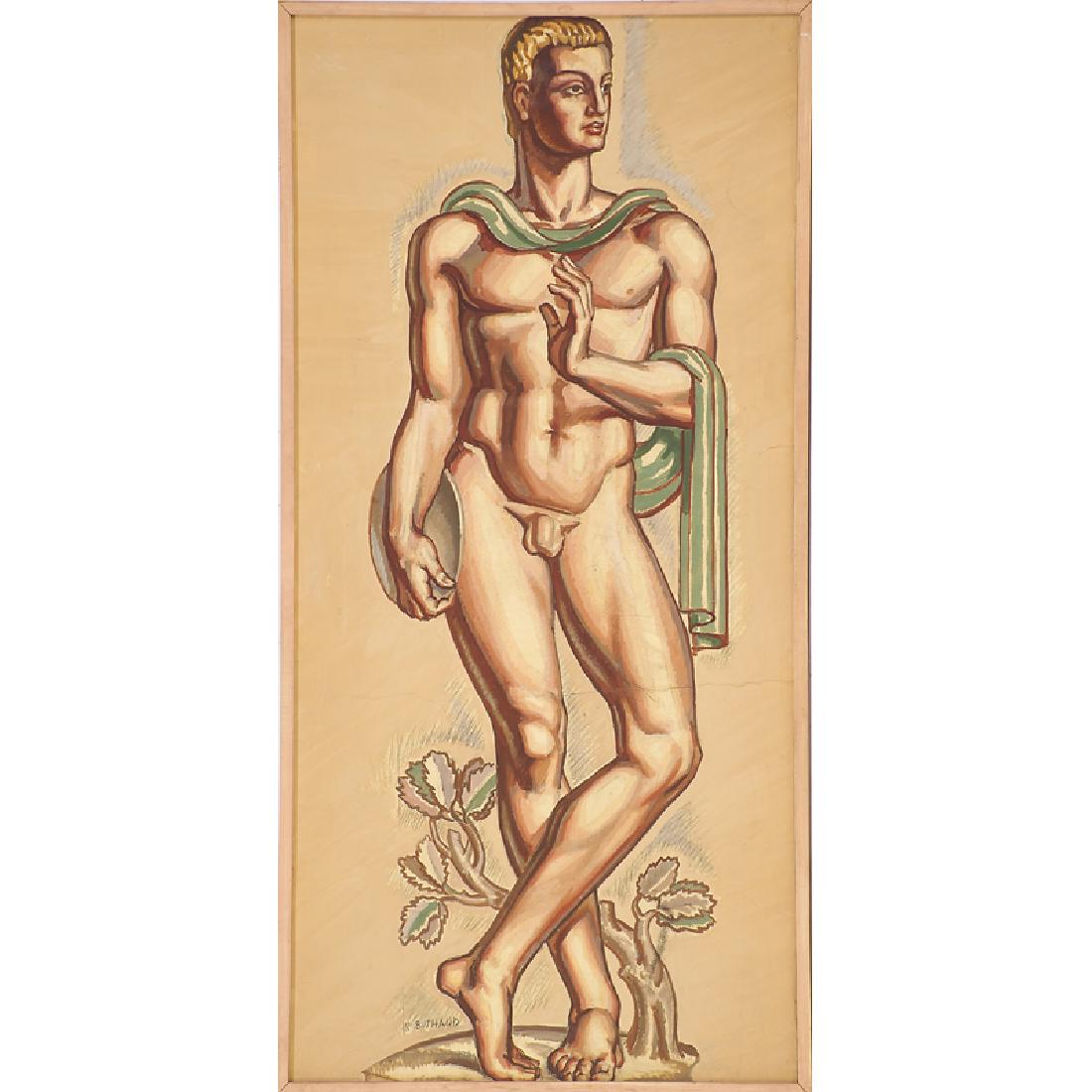 RENE BUTHAUD Study for an athlete (Discus Thrower): RENE BUTHAUD (1886 - 1986) Massive untitled preparatory drawing of a nude athlete (Discus Thrower), France, ca. 1937 (framed) Gouache, charcoal, and graphite, fabric-backed paper Signed R. BUTHAUD Sig