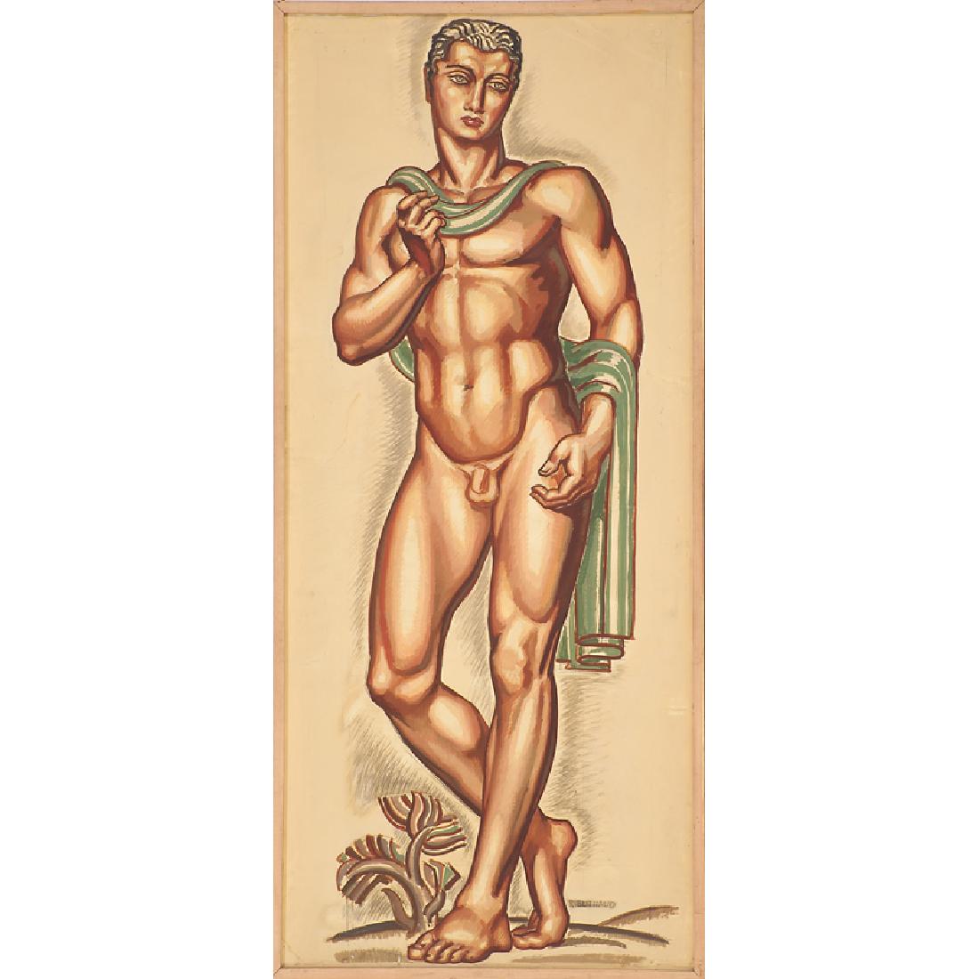 RENE BUTHAUD Study for a nude athlete: RENE BUTHAUD (1886 - 1986) Massive untitled preparatory drawing of a nude athlete, France, ca. 1937 (framed) Gouache, charcoal, and graphite, fabric-backed paper Signed R. BUTHAUD Sight: 79" x 34" Pro