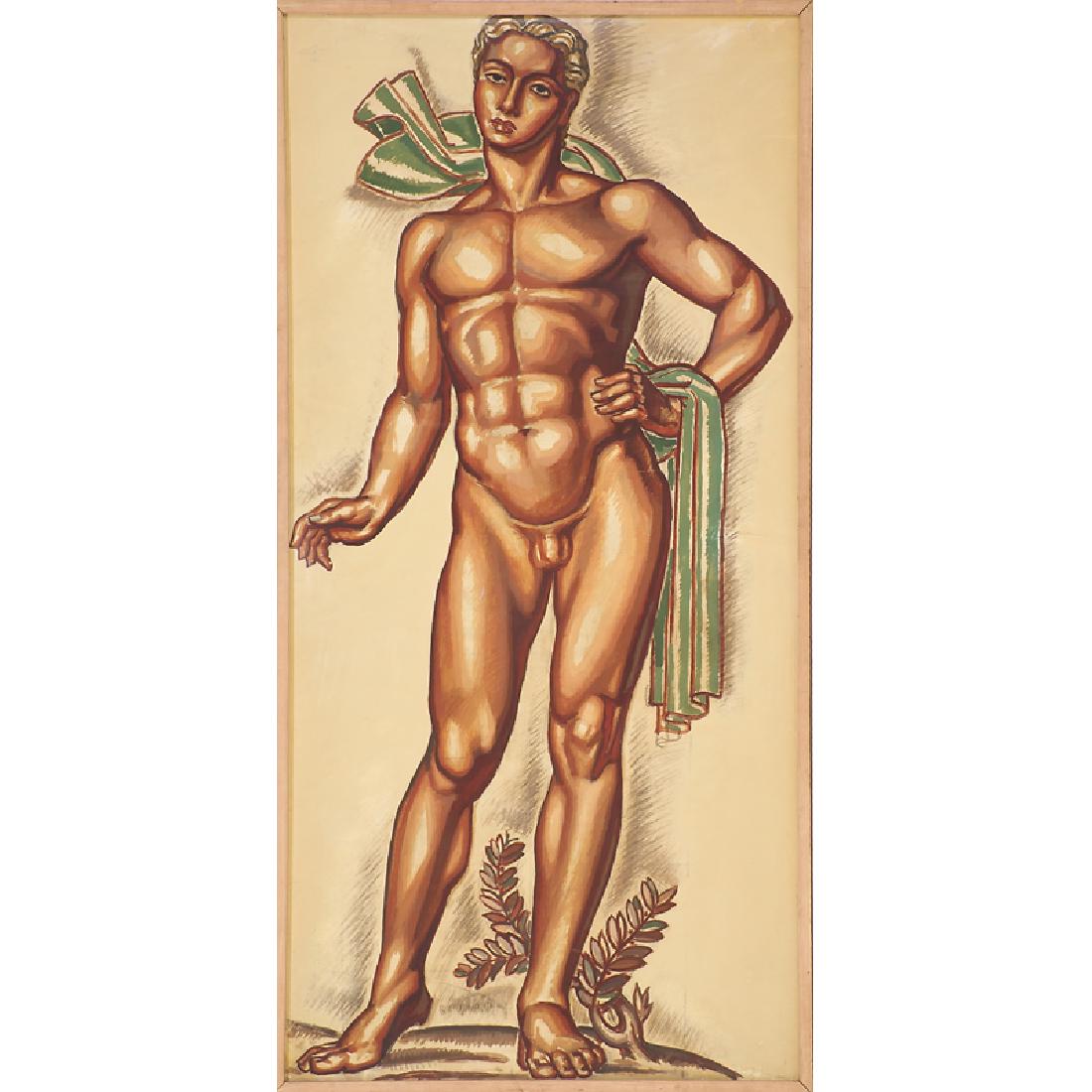 RENE BUTHAUD Study for a nude athlete: RENE BUTHAUD (1886 - 1986) Massive untitled preparatory drawing of a nude athlete, France, ca. 1937 (framed) Gouache, charcoal, and graphite, fabric-backed paper Signed R. BUTHAUD Sight: 78" x 37" Pro