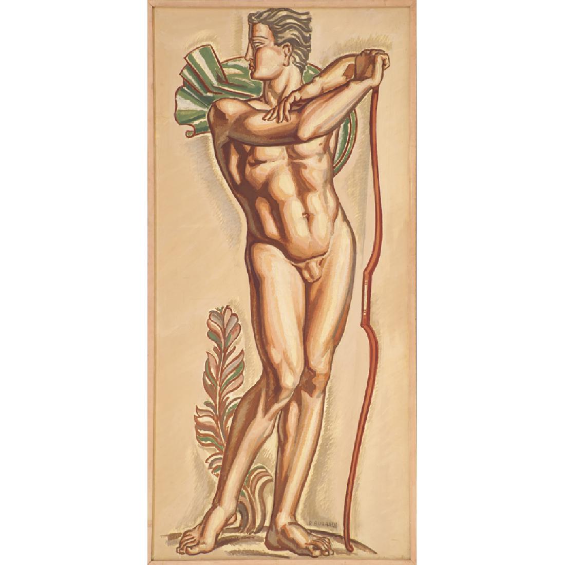 RENE BUTHAUD Study for a nude athlete (Archer): RENE BUTHAUD (1886 - 1986) Massive untitled preparatory drawing of a nude athlete (Archer), France, ca. 1937 (framed) Gouache, charcoal, and graphite, fabric-backed paper Signed R. BUTHAUD Sight: 79"