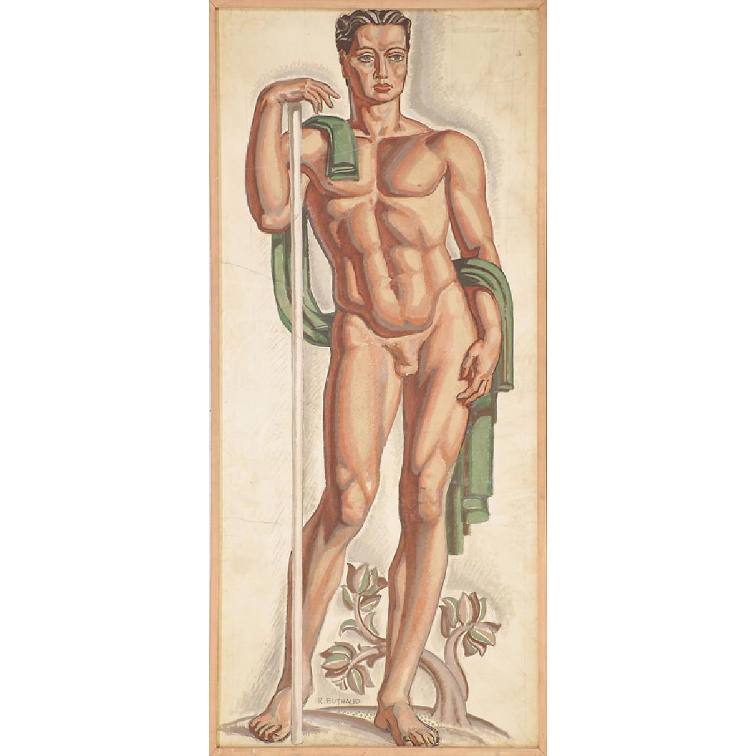 RENE BUTHAUD Study for a nude athlete: RENE BUTHAUD (1886 - 1986) Massive untitled preparatory drawing of a nude athlete (Spear-Bearer), France, ca. 1937 (framed) Gouache, charcoal, and graphite, fabric-backed paper Signed R. BUTHAUD Sight