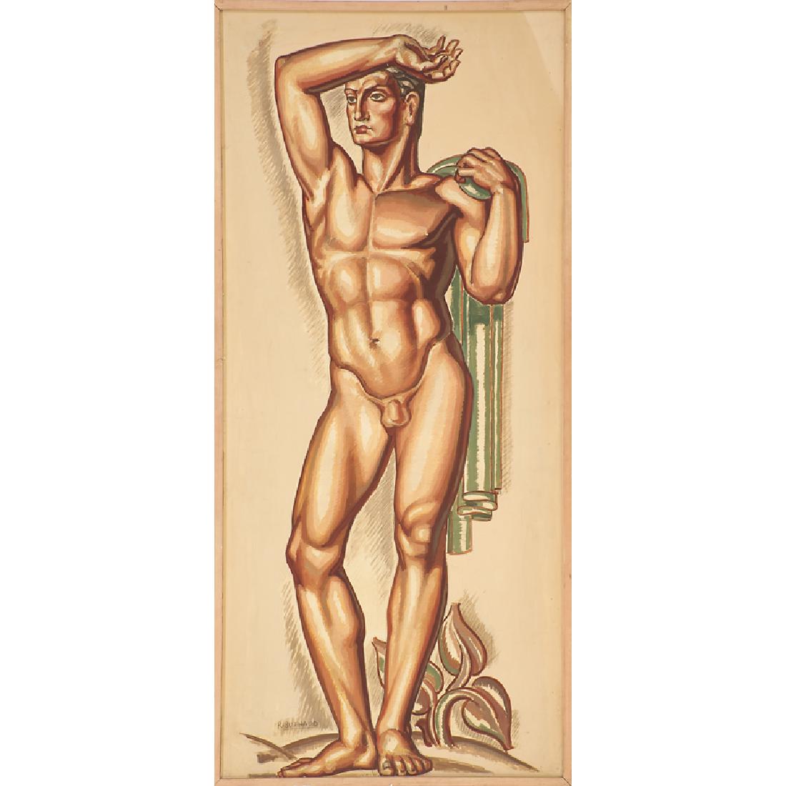 RENE BUTHAUD Study for a nude athlete: RENE BUTHAUD (1886 - 1986) Massive untitled preparatory drawing of a nude athlete, France, ca. 1937 (framed) Gouache, charcoal, and graphite, fabric-backed paper Signed R. BUTHAUD Sight: 83" x 37" Pro