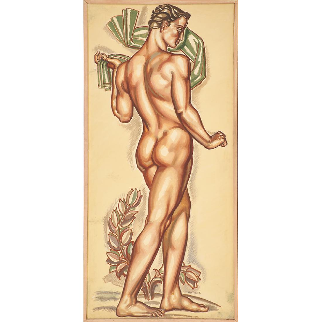 RENE BUTHAUD Study for a nude athlete: RENE BUTHAUD (1886 - 1986) Massive untitled preparatory drawing of a nude athlete, France, ca. 1937 (framed) Gouache, charcoal, and graphite, fabric-backed paper Signed R. BUTHAUD Sight: 79" x 37" Pro