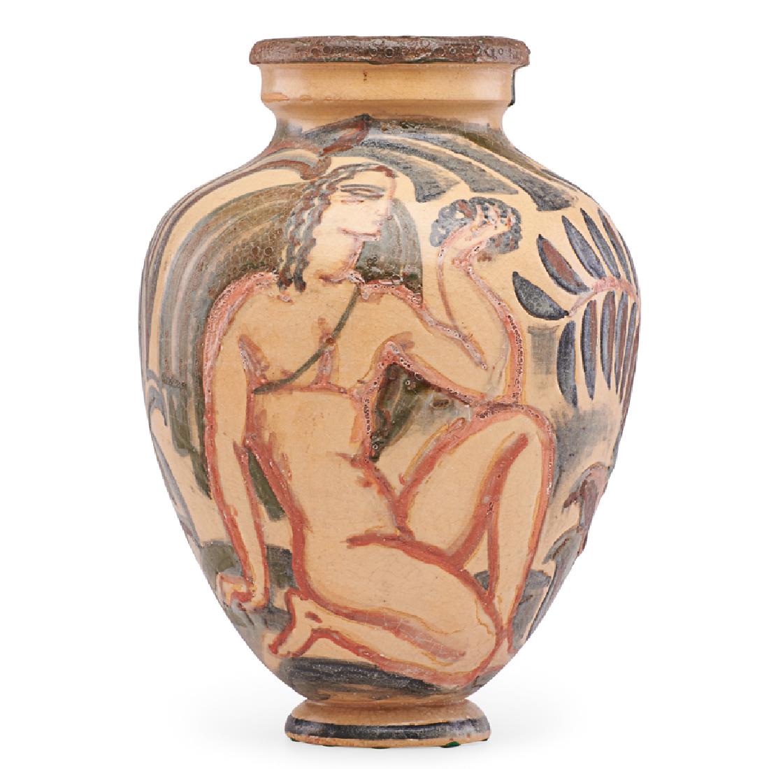 RENE BUTHAUD Vase with nudes: RENE BUTHAUD (1886 - 1986) Vase with reclining nudes, grapes, and foliage, France, 1920s Glazed earthenware Signed RB 11 1/2" x 8" Provenance: The artist Michel Fortin, Paris Collection of Stephen Eng