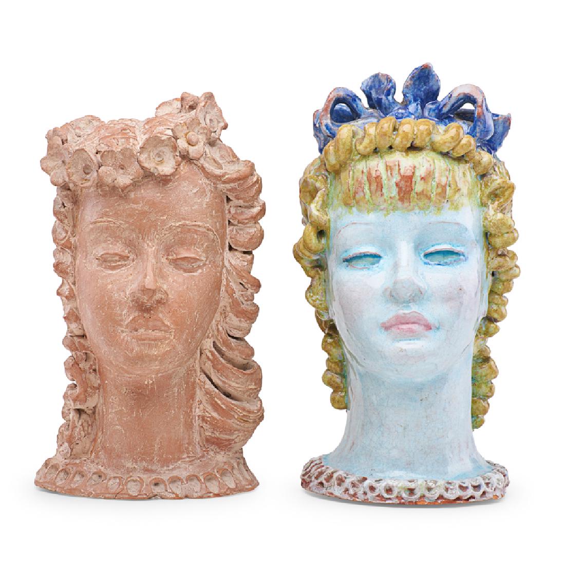 RENE BUTHAUD Two sculptures (Young Woman): RENE BUTHAUD (1886 - 1986) Two untitled sculptures (Young Woman with Bow, Young Woman with Garland), France Glazed and unglazed earthenware Each signed RB Taller: 10" x 5 1/4" x 6" Provenance: The art