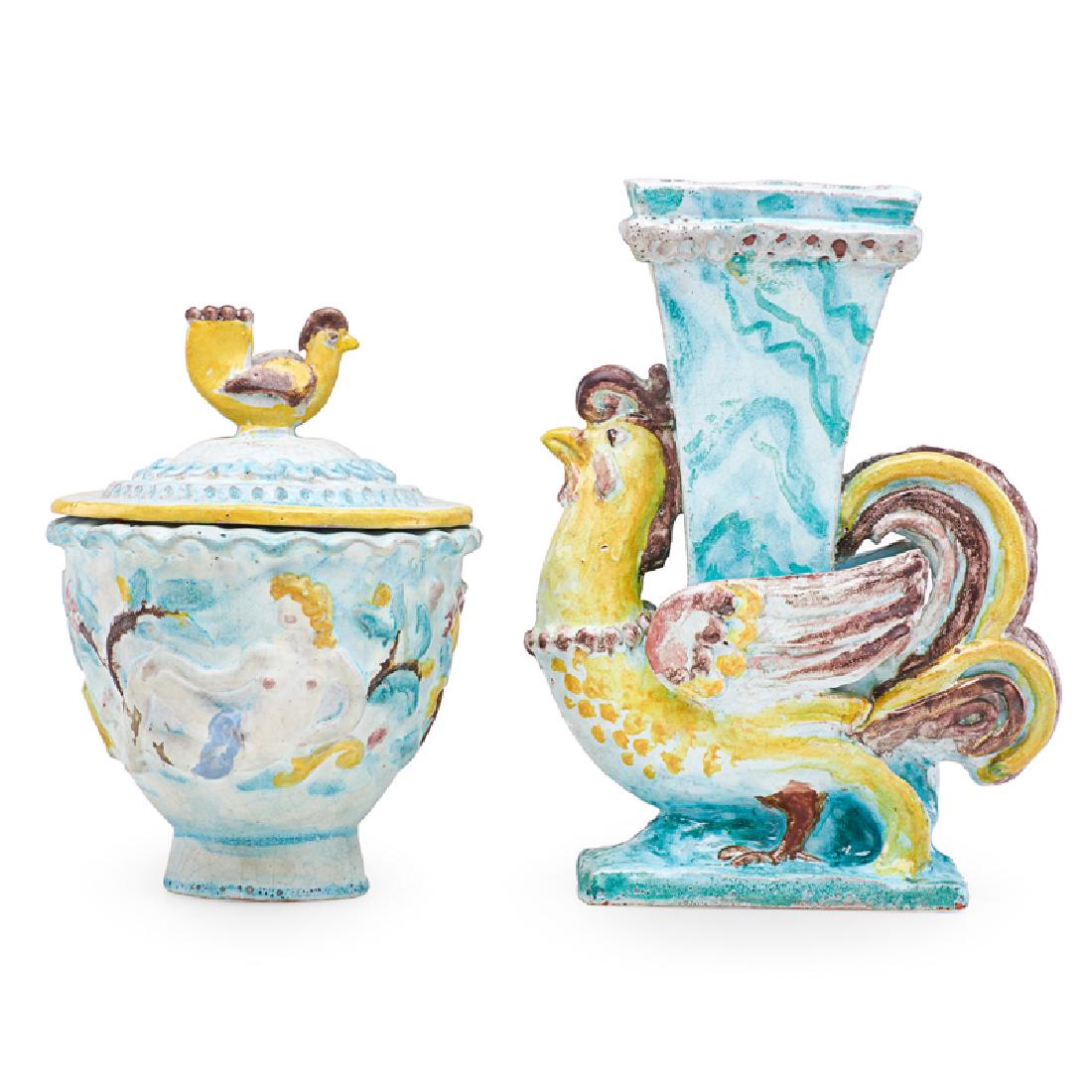RENE BUTHAUD Vase and lidded vessel: RENE BUTHAUD (1886 - 1986) Lidded faience vessel and vase with roosters and reclining nude, France Glazed earthenware Each signed RB 10 3/4", 8 1/2" Provenance: The artist Michel Fortin, Paris Collect