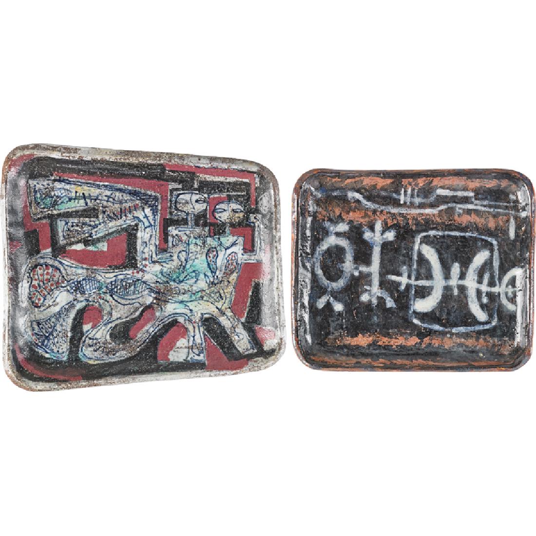 RENE BUTHAUD Two chargers: RENE BUTHAUD (1886 - 1986) Two abstract chargers, one with figures, France Glazed earthenware Each signed RB Larger: 12" x 10 1/2" Provenance: The artist Michel Fortin, Paris Collection of Stephen Eng