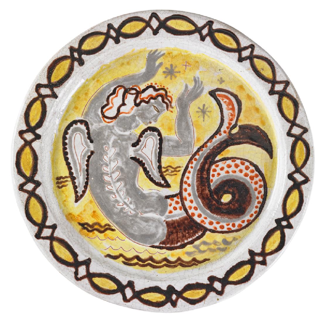 RENE BUTHAUD Charger with mermaid: RENE BUTHAUD (1886 - 1986) Charger with mermaid, France Glazed earthenware Signed RB, incised X 13" dia. Provenance: The artist Michel Fortin, Paris Collection of Stephen Engel, Florida