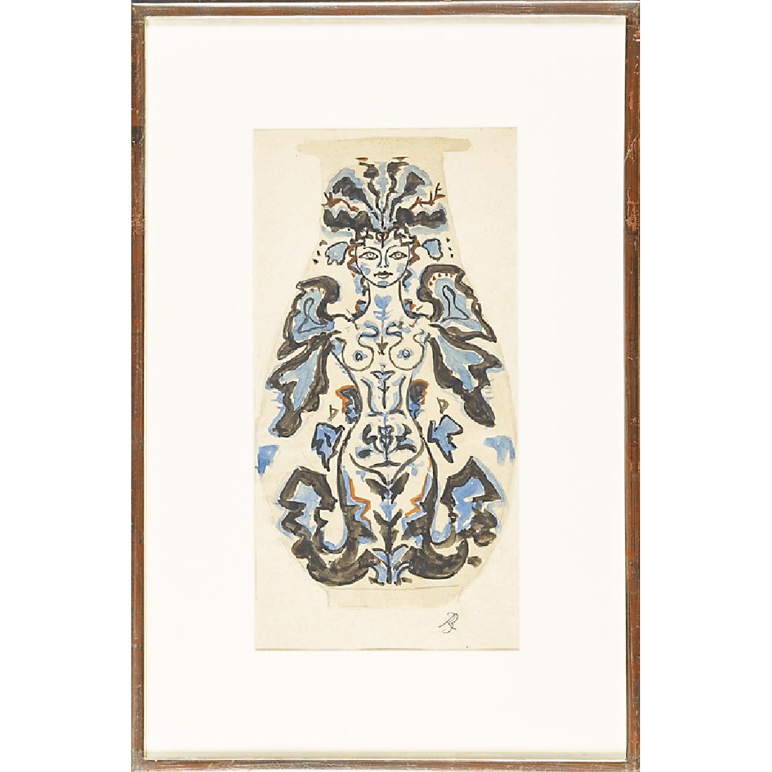 RENE BUTHAUD Study for a vase (Winged Mermaid): RENE BUTHAUD (1886 - 1986) Study for a vase (Winged Mermaid), France (framed) Gouache on paper Signed RB Sight: 15 3/4" x 7 3/4" Provenance: The artist Michel Fortin, Paris Collection of Stephen Engel