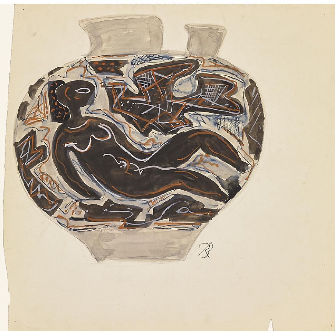 RENE BUTHAUD Study for a vase: RENE BUTHAUD (1886 - 1986) Study for a vase (Nude and Stylized Bird), France Gouache and graphite on paper Signed RB Image: 9 1/2" x 9 3/4" Provenance: The artist Michel Fortin, Paris Collection of St